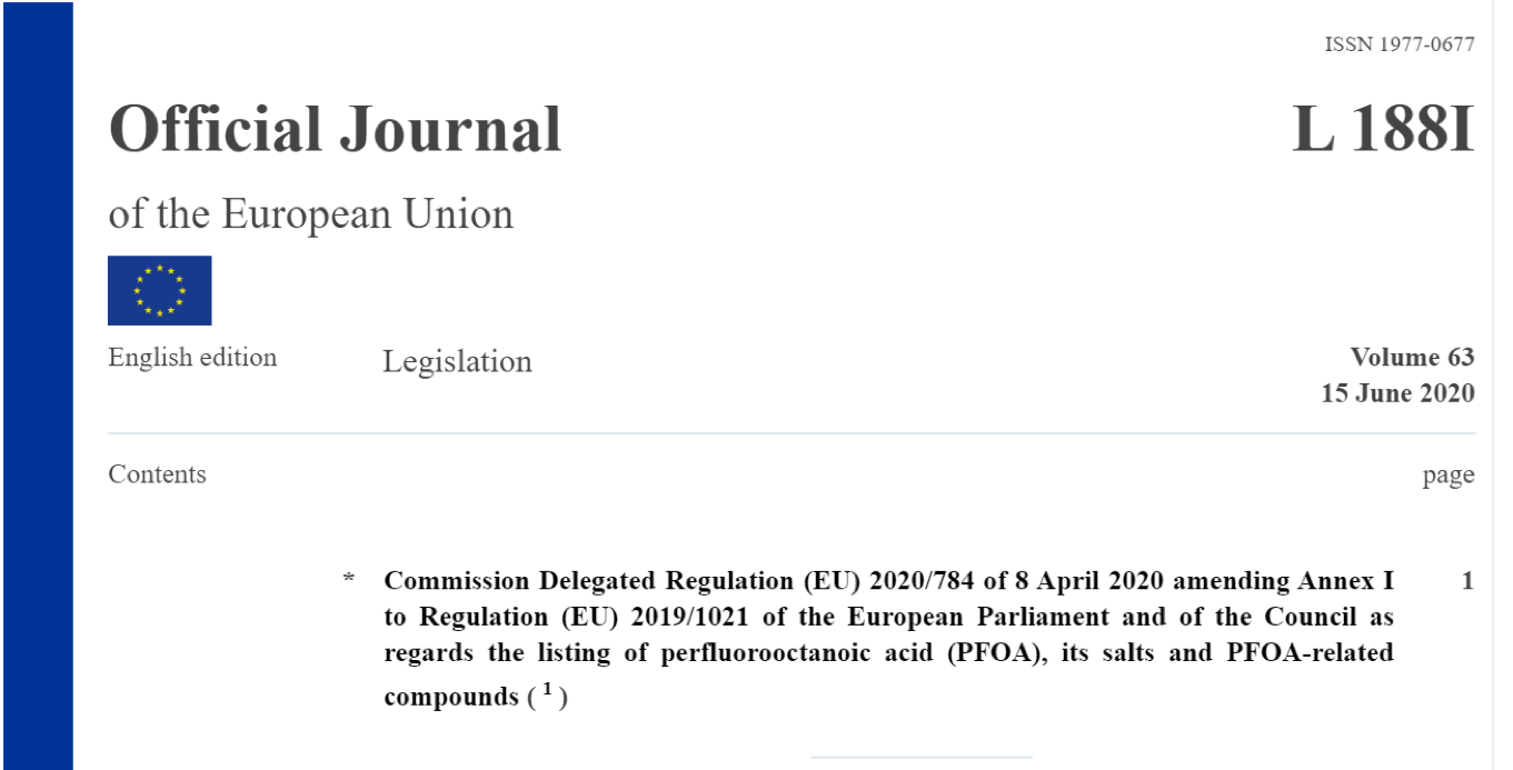 「欧盟」PFOA正式成为POP法规管控物质,并将于下月生效